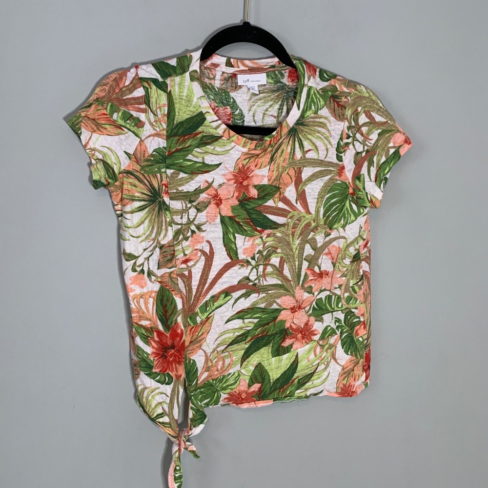 J. Jill Love 100% Linen Tropical Floral Side Tie T-Shirt Petite Small Green Pink